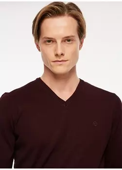 Стандартный бордово-красный мужской свитер с V-образным вырезом Beymen Business