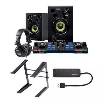 Стартовый комплект Hercules DJ с контроллером Serato DJ Lite и DJMonitor 32 активных динамика с наушниками, подставкой для ноутбука и концентратором Knox Gear с 4 портами USB 3.0