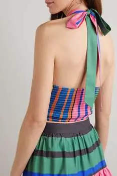 STAUD Укороченный полосатый топ Kai из хлопкового поплина с вырезом халтер, зеленый