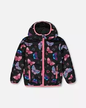 Стеганая демисезонная куртка с принтом «Разноцветные бабочки на черном фоне» Deux par Deux