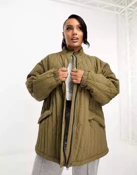 Стеганая хлопковая куртка прямого силуэта ASOS DESIGN Curve цвета хаки