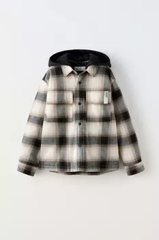 Стеганая клетчатая рубашка с капюшоном ZARA, черный