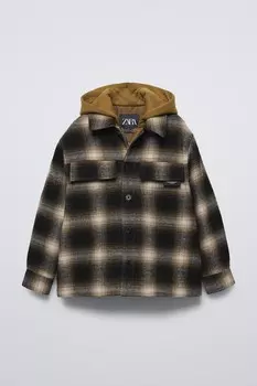 Стеганая клетчатая рубашка с капюшоном ZARA, черный
