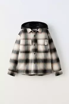 Стеганая клетчатая рубашка с капюшоном ZARA, черный