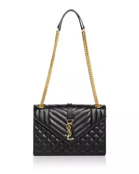 Стеганая кожаная сумка через плечо Envelope среднего размера с тиснением Grain De Poudre Saint Laurent, цвет Black