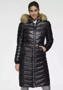 Стеганая куртка ALPENBLITZ "Москва длинная", с капюшоном, съемной опушкой из искусственного меха на капюшоне и блестящей современной отделкой, черный