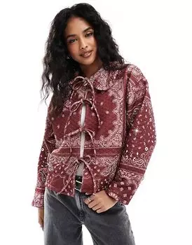 Стеганая куртка ASOS DESIGN с длинными рукавами бордового цвета и воротником-банданой