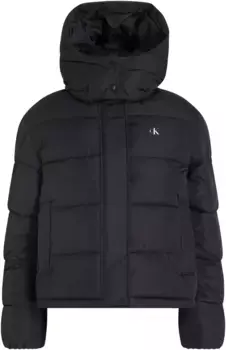 Стеганая куртка Calvin Klein Jeans "MATTE MONOLOGO ND SHORT PUFFER", с капюшоном, с логотипом, черный