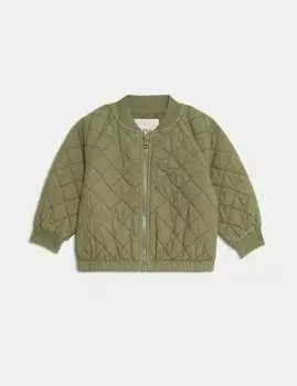 Стеганая куртка на молнии из чистого хлопка Marks & Spencer, зеленый