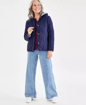 Стеганая куртка Petite с длинными рукавами и капюшоном Style & Co, синий