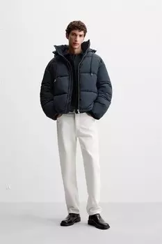 Стеганая куртка с капюшоном ZARA, синий/черный