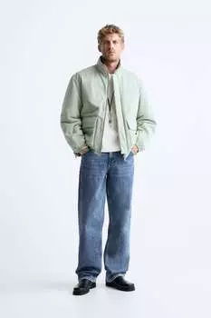 Стеганая куртка с карманами ZARA, зеленый