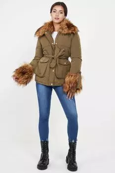 Стеганая куртка с поясом и манжетами из искусственного меха Love Sunshine, хаки