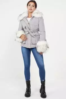 Стеганая куртка с поясом и манжетами из искусственного меха Love Sunshine, серый