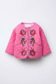 Стеганая куртка с вышитыми цветами ZARA, цвет Fuchsia
