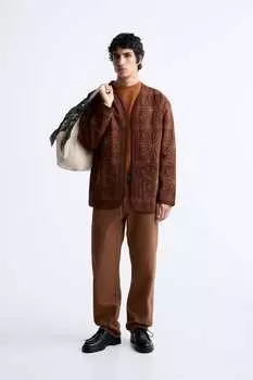 Стеганая куртка с вышивкой ZARA, коричневый
