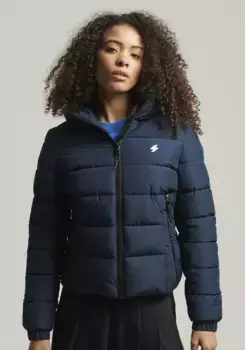 Стеганая куртка Superdry "HOODED SPIRIT SPORTS PUFFER", с капюшоном, из водоотталкивающего материала, синий
