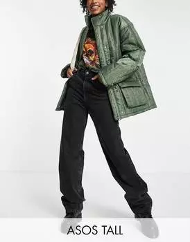 Стеганая куртка темно-коричневого цвета из нейлона ASOS DESIGN Tall