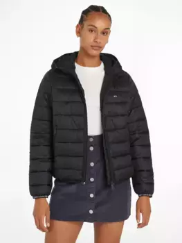 Стеганая куртка Tommy Jeans "TJW QUILTED TAPE HOOD JACKET EXT", с капюшоном, с капюшоном, черный
