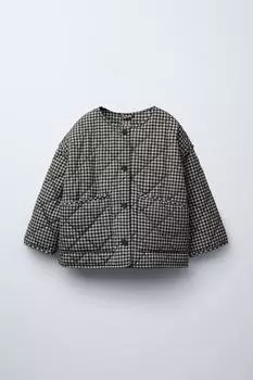 Стеганая куртка в клетку гингем ZARA, черный/экрю