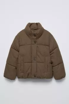 Стеганая куртка в клетку гингем ZARA, коричневый
