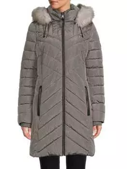 Стеганая парка с отделкой из искусственного меха и шевроном DKNY Smoke pearl