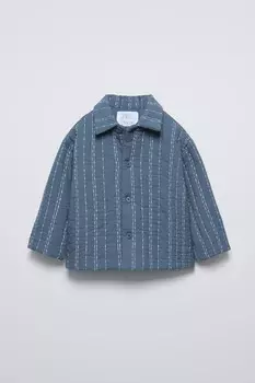 Стеганая рубашка с вышивкой ZARA, синий