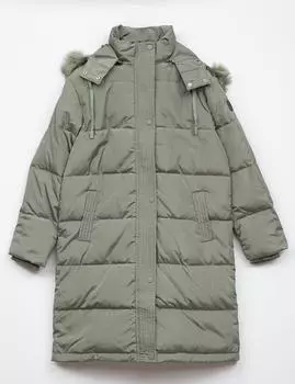 Стеганая шуба с воротником-стойкой и капюшоном Молд-зеленая Kayra