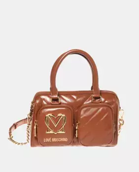 Стеганая сумка-портфель из лакированной кожи светло-коричневого цвета Love Moschino