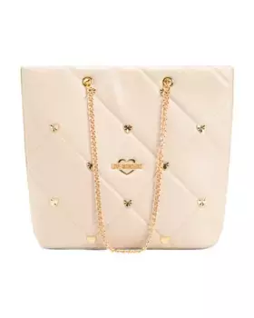 Стеганая сумка-шопер с заклепками-сердечками Love Moschino, слоновая кость