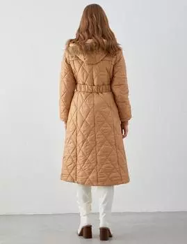 Стеганое надувное пальто с ромбовидным узором Бежевое Kayra