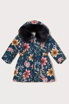 Стеганое пальто с цветочным узором и узором Monsoon, синий