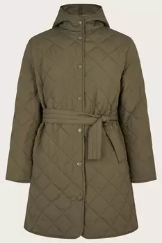 Стеганое пальто с поясом и капюшоном Monsoon, зеленый