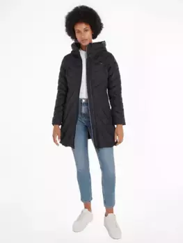 Стеганое пальто Tommy Hilfiger "CHEVRON MW PADDED COAT", со средней набивкой и фирменной этикеткой Tommy Hilfiger, черный