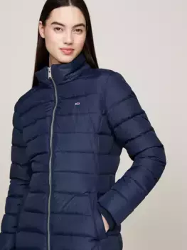 Стеганое пальто Tommy Jeans "TJW ESSENTIAL HOODED DOWN COAT", с искусственным мехом, вышивкой логотипа, синий