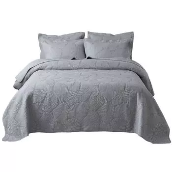 Стеганое покрывало, состоящее из 3 предметов, двусторонние лоскутные покрывала, мягкое матовое двойное одеяло из микрофибры с 2 наволочками, серый размер Queen с пальмовыми листьями (230x250 см) ele eleoption