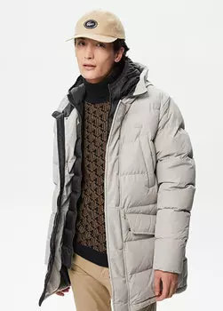 Стеганое серое мужское пальто с капюшоном Lacoste