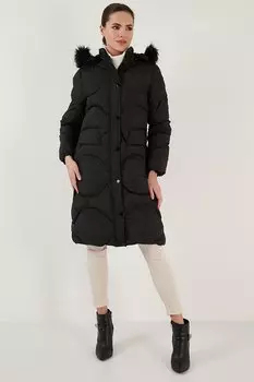 Стеганое зимнее длинное пальто-хиджаб с воротником из искусственного меха и съемным капюшоном 6477401 Lela, черный