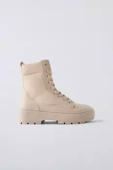 Стеганые ботинки со шнуровкой ZARA, экрю белый