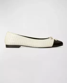 Стеганые двухцветные балетки с бантом Tory Burch, цвет Light Cream / Perfect Black