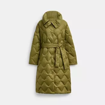 Стеганый длинный пуховик COACH, оливковый