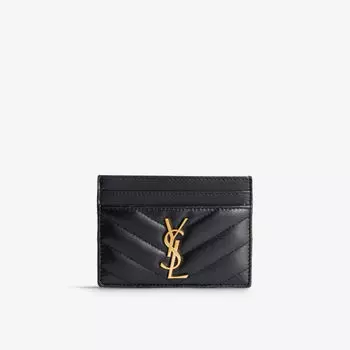 Стеганый кожаный картхолдер с монограммой Saint Laurent, черный