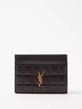Стеганый кожаный картхолдер с пластинкой ysl Saint Laurent, черный