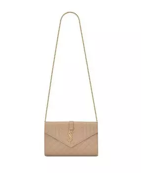 Стеганый кожаный кошелек Cassandre с цепочкой Saint Laurent, цвет Tan/Beige