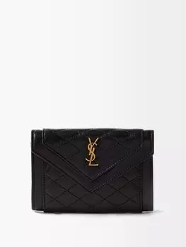 Стеганый кожаный кошелек для монет gaby ysl с металлической пластинкой Saint Laurent, черный