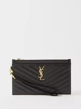 Стеганый кожаный визитница на руку ysl Saint Laurent, черный