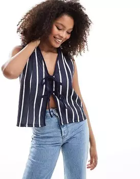 Стеганый топ темно-синего цвета с белой полоской с завязкой спереди ASOS DESIGN