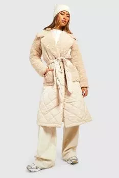 Стеганый тренч со вставками Teddy boohoo, бежевый
