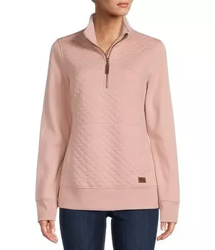 Стеганый вязаный пуловер L.L.Bean с воротником-стойкой и карманом-кенгуру с длинными рукавами и молнией на четверть., розовый