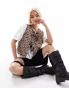 Стеганый жилет с завязками спереди, леопардовый принт Pieces